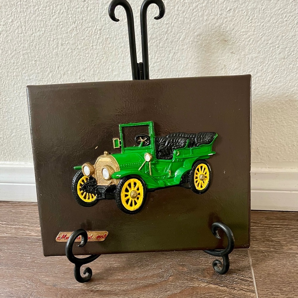 Vintage ceramic Car Wall Art with Green and Yellow Accents
